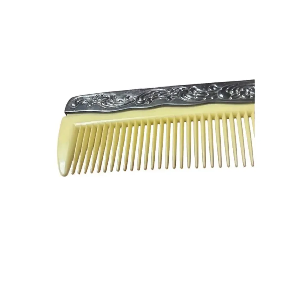 Vintage Ornate Hair Comb Faux Ivory Celluloid Look Silver Tone Floral 7 Inch